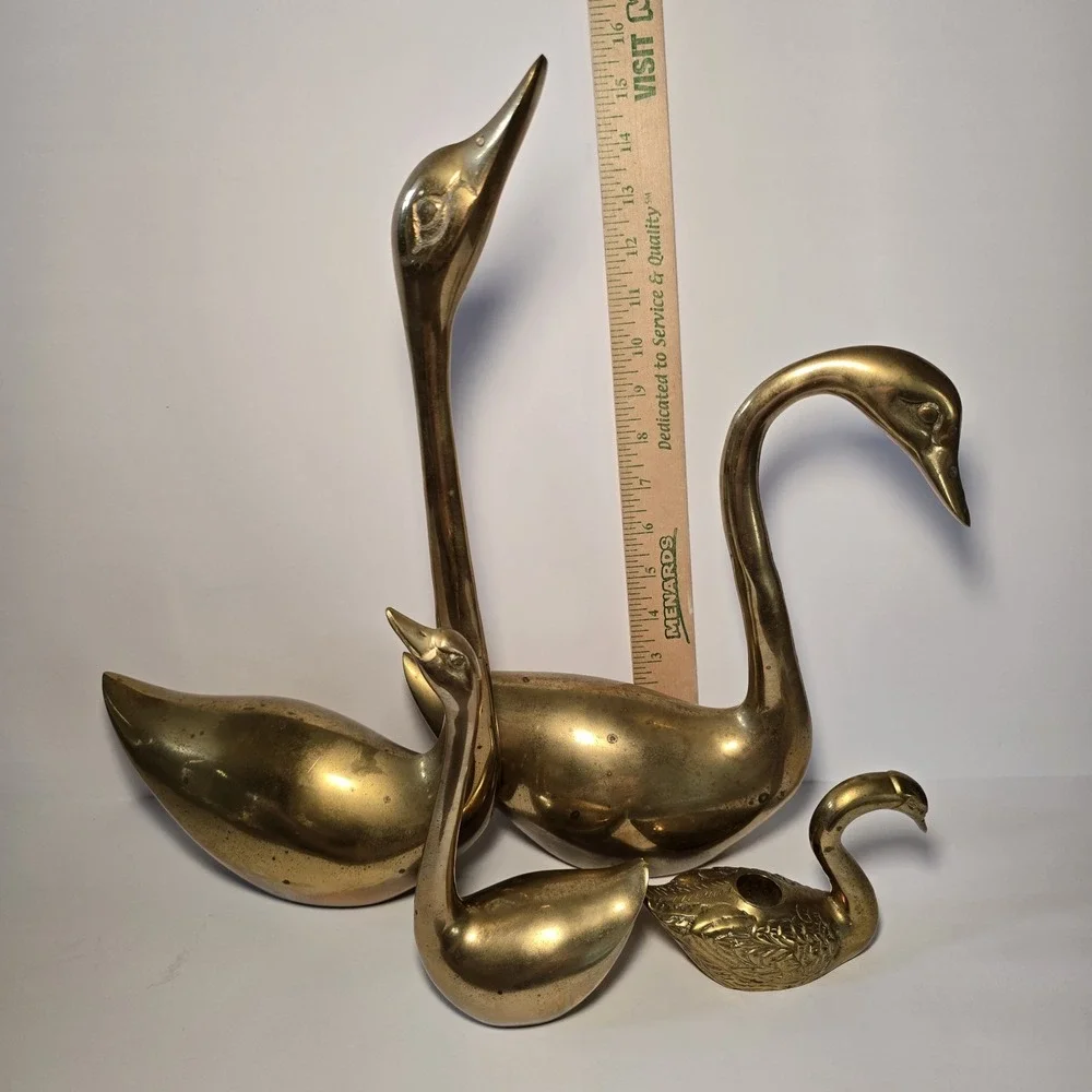 Vtg lot of 4 Large Solid Brass Swan Sculptures MCM Patina Aging Different sizes